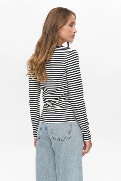 Numph Numelany Long Sleeved Striped Top in Caviar Black