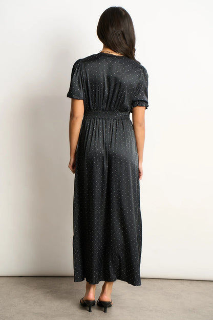 Elise V-Neck Tea Dress- Black/White, Polka Dot