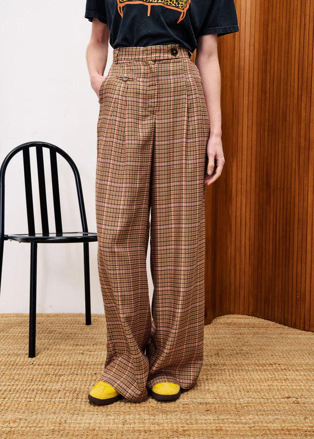 Frnch Cannelle Checked Wide Leg Trouser in Ocre
