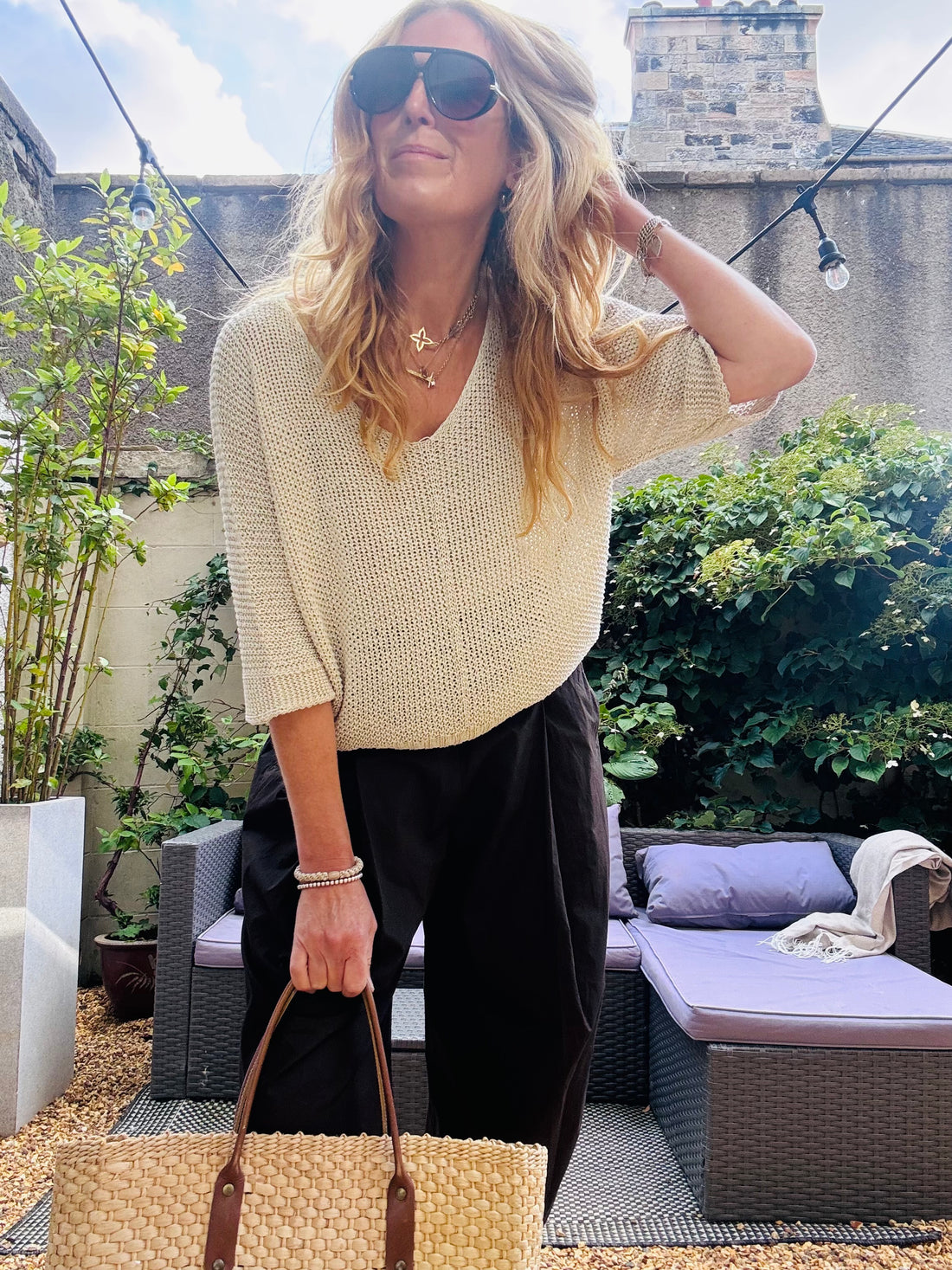 Cream V Neck Slouchy Pullover (one size)