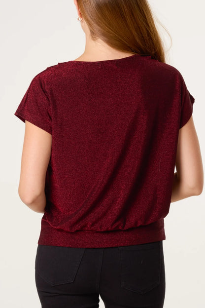 Belle Metallic Crap Neck Top in Wine