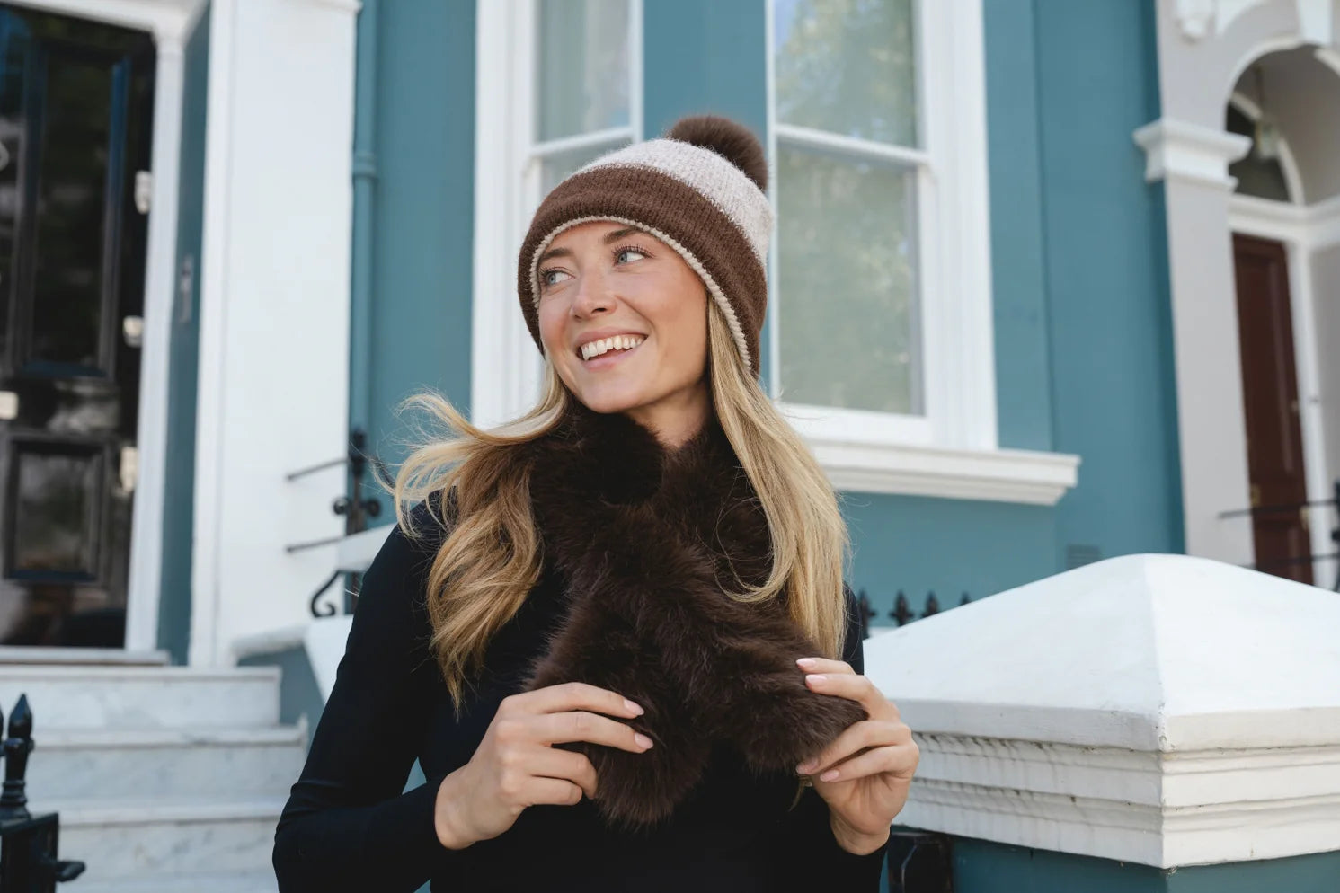 Coco Beanie Hat in Cocoa with Faux Fur Bobble