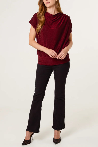 Belle Metallic Crap Neck Top in Wine