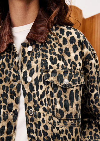 FRNCH Munchkin Short Denim Jacket in Leopard