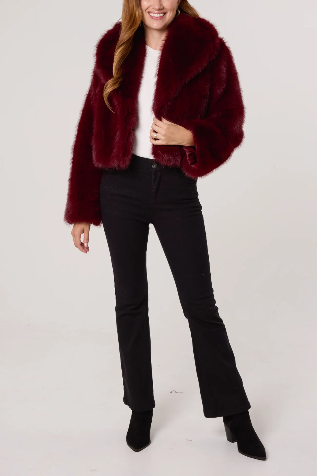 Lolla Faux Fur Cropped Jacket in Wine