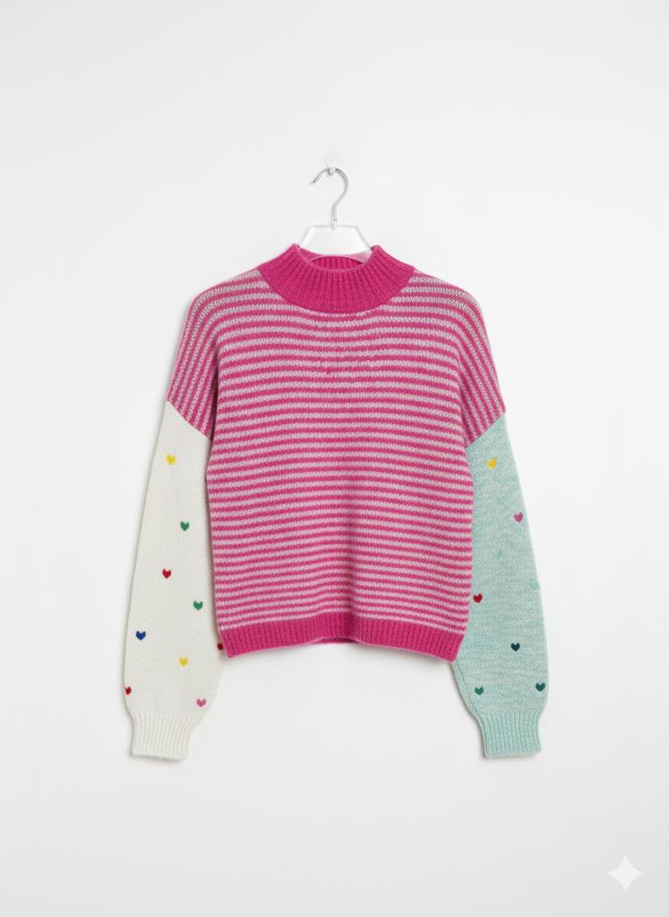 Monique Pink Striped Knit with Heart Sleeves