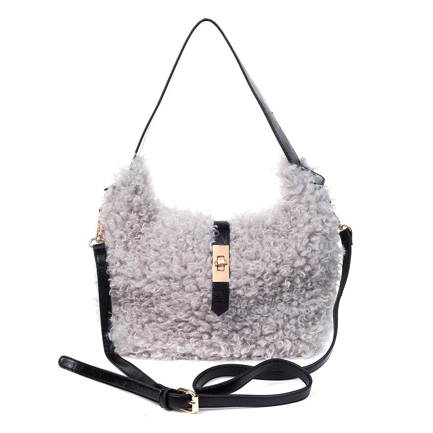 Bambi Shoulder Bag in Faux Sheep in Pebble