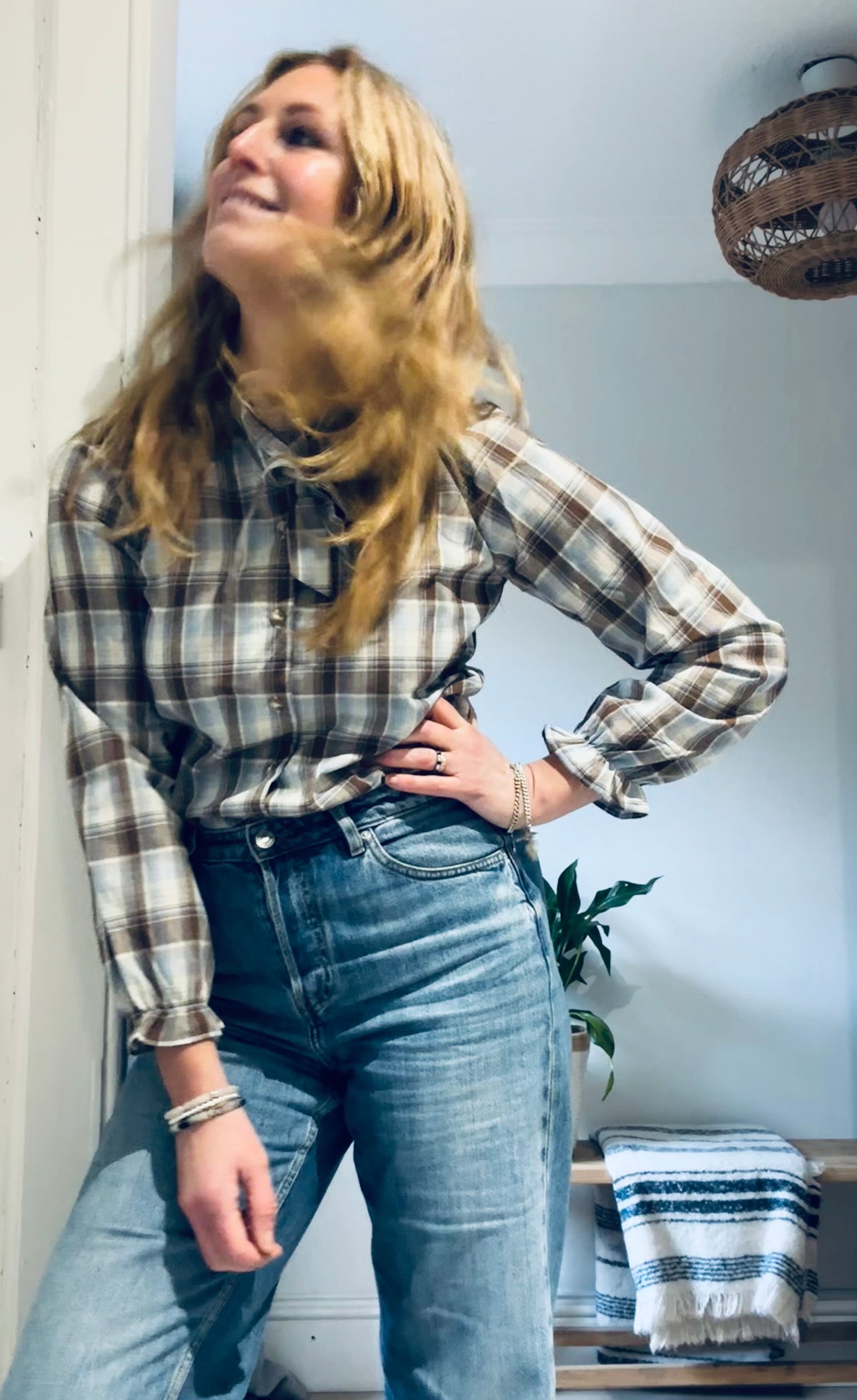 Check bow shirt in brown and blue