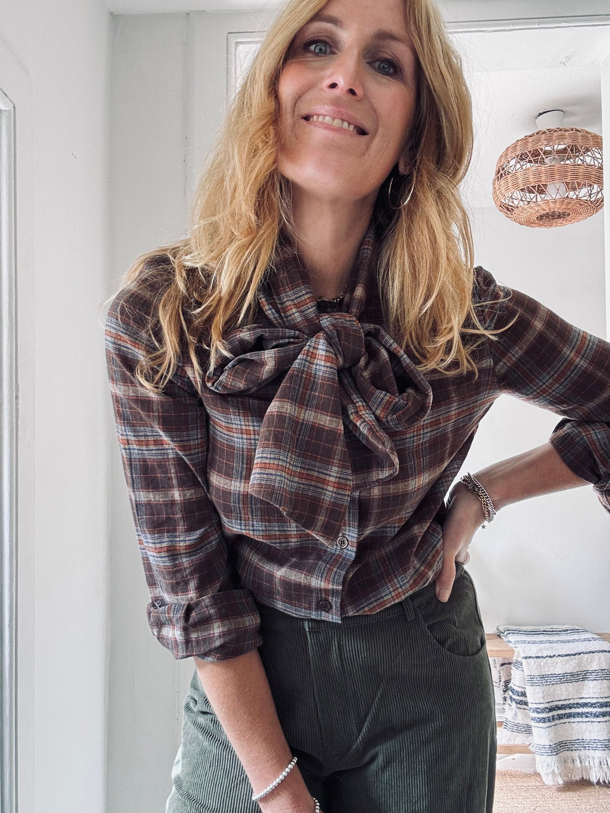 Brown Check Shirt with Bow - one size