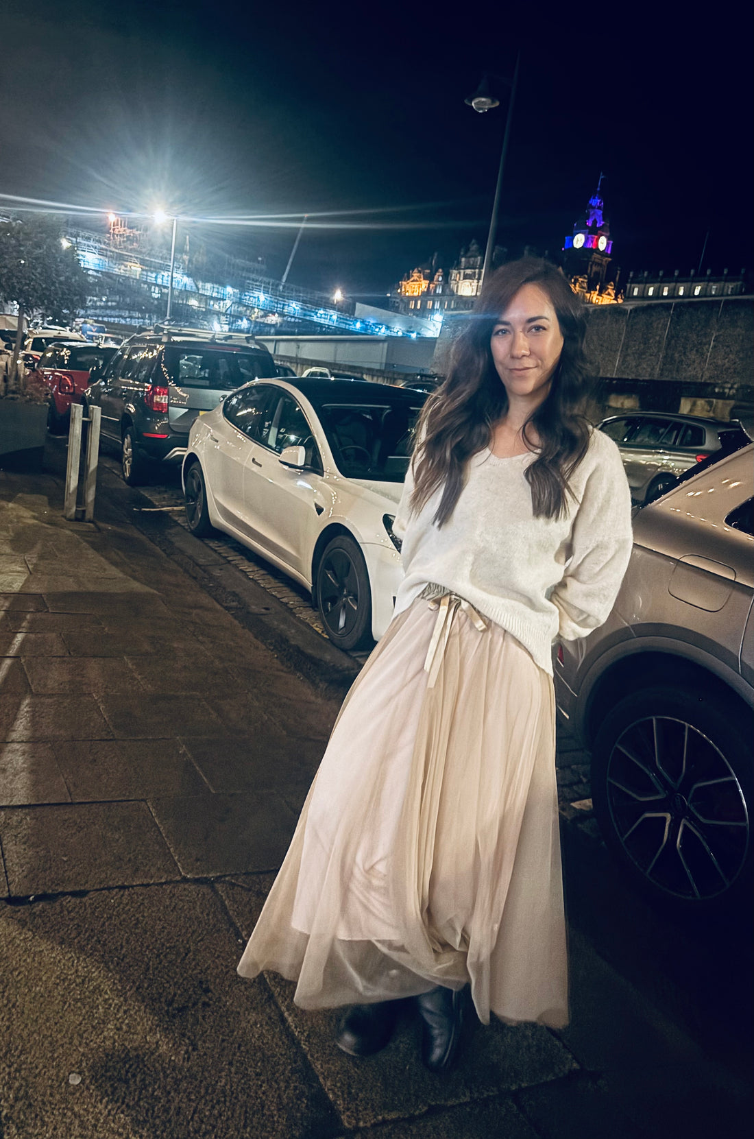 Satin Waistband Tulle Skirt in Beige (ONE SIZE)