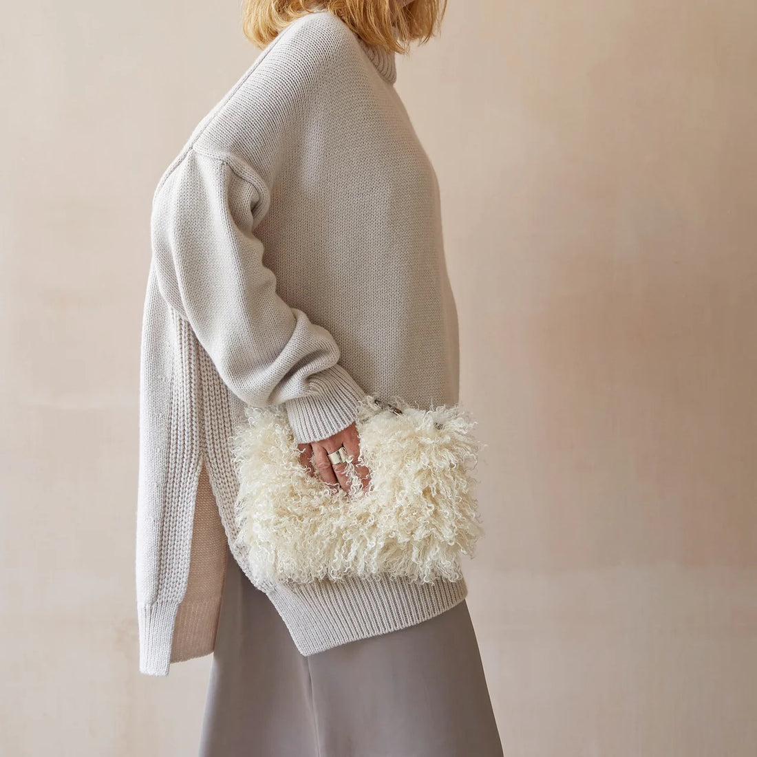 Afghan Small Curly Faux Fur Pouch in Cream