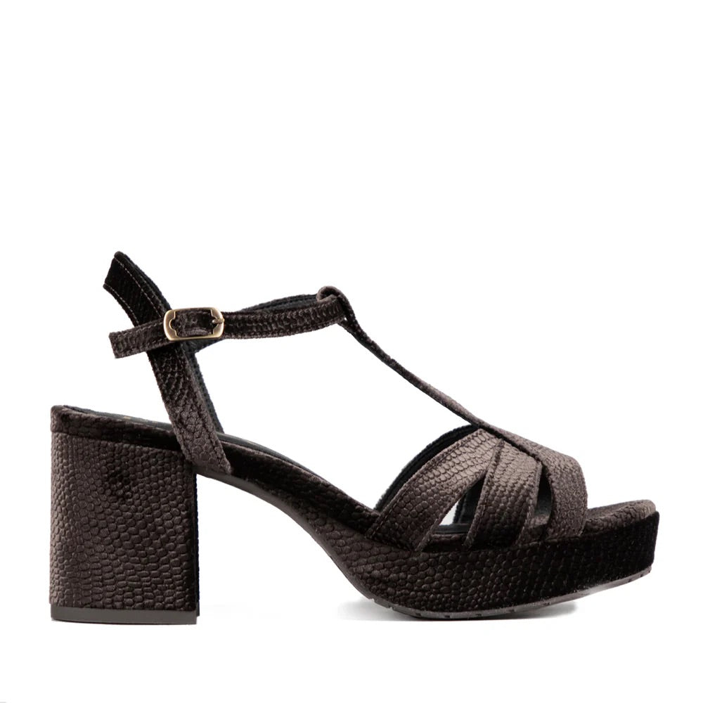 Esska Charlie Vegan Velvet Block Heel Shoe in Carbon