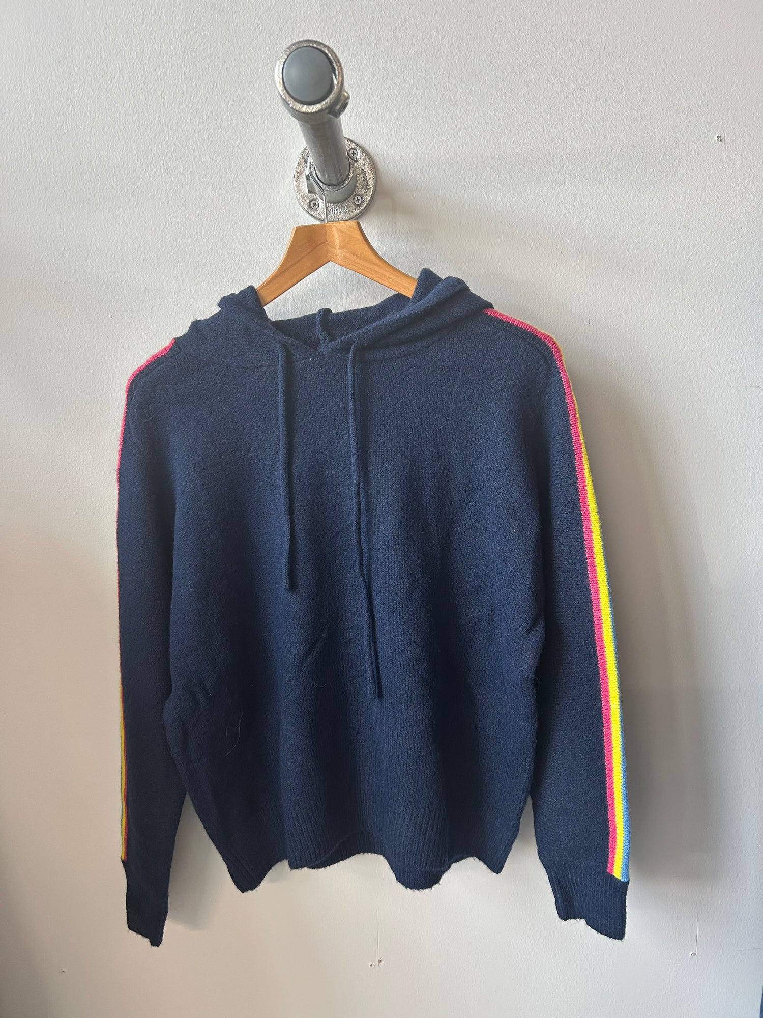 Halo Knitted Hoodie with Striped Trim Sleeve in Navy (ONE SIZE),