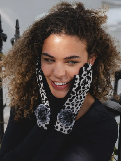 Animal Print Pom Pom Gloves in Black &amp; White