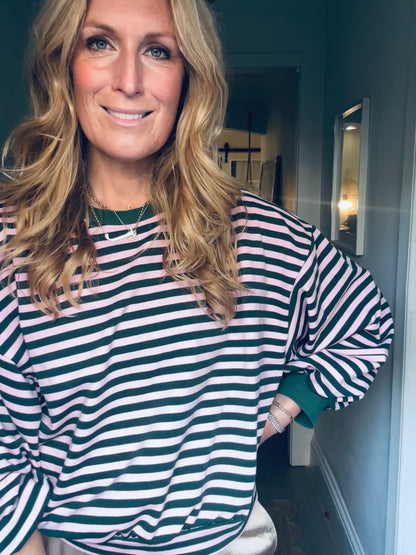 Pink and Green Striped Sweatshirt with a ballon sleeve (one size)