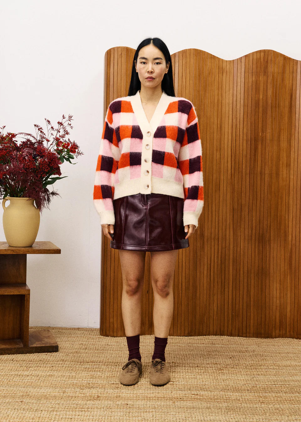 FRNCH Viola Checked Cardigan in Rose