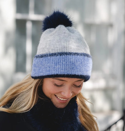 Coco Beanie Hat in China Blue with Faux Fur Bobble