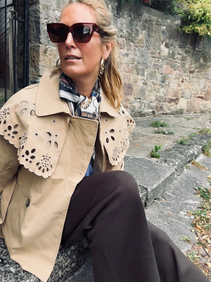 Ivy Short Trench Style Jacket with Embroidered Detail in Taupe (ONE SIZE)