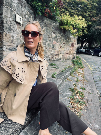 Ivy Short Trench Style Jacket with Embroidered Detail in Taupe (ONE SIZE)