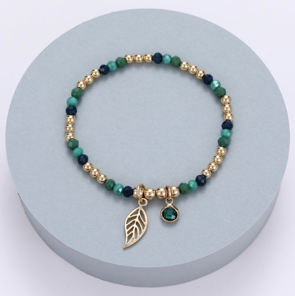 Gracee Beaded Bracelet with Leaf Charm Green and Gold