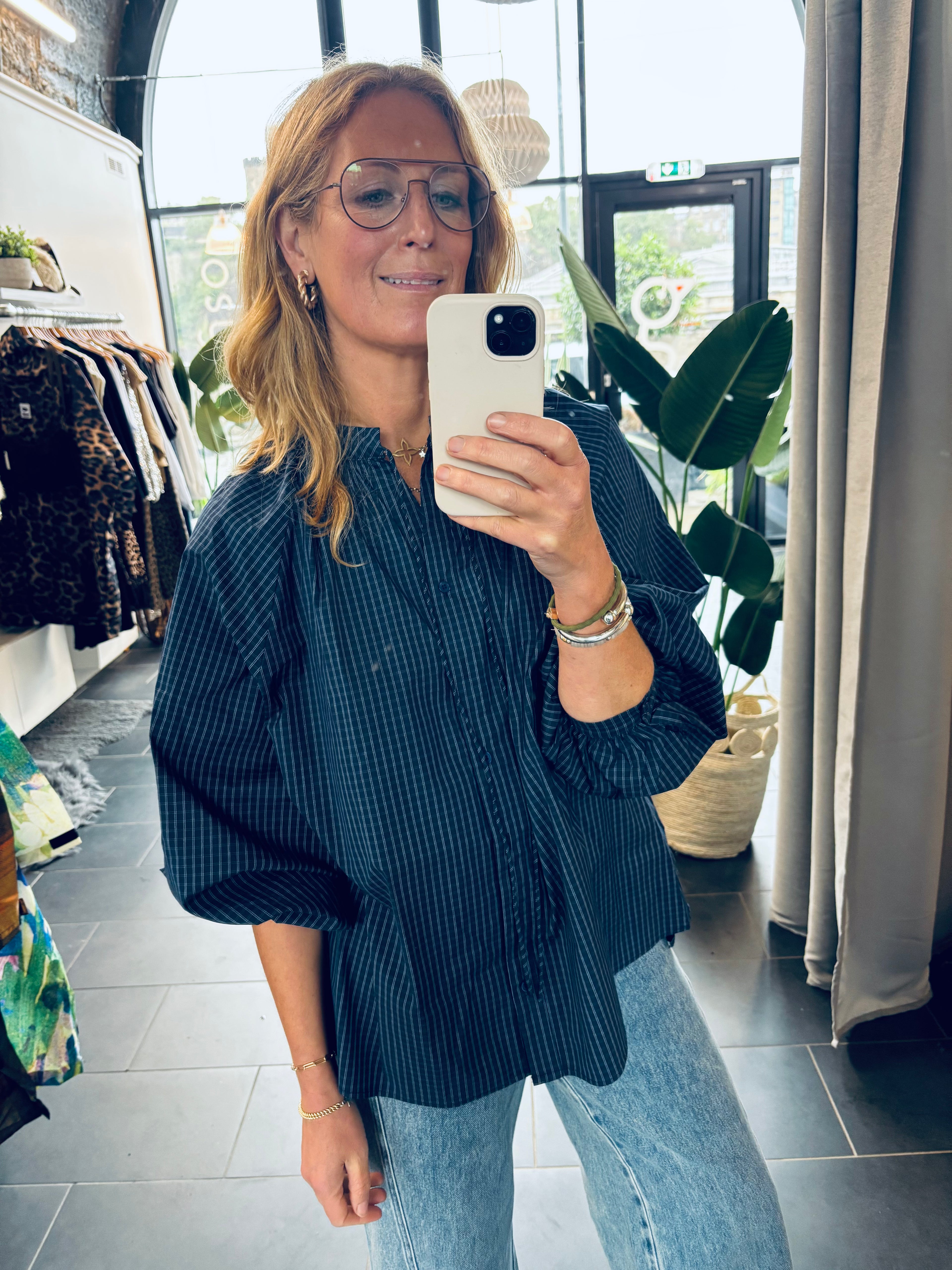 Mona Checked Blouse Navy with Tie Neck (ONE SIZE)