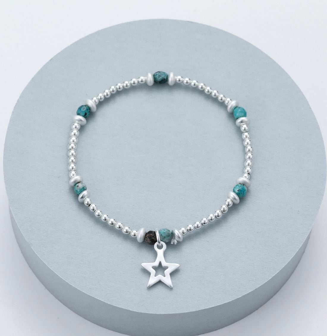 Beaded Bracelet In Silver And Green with Star Charm