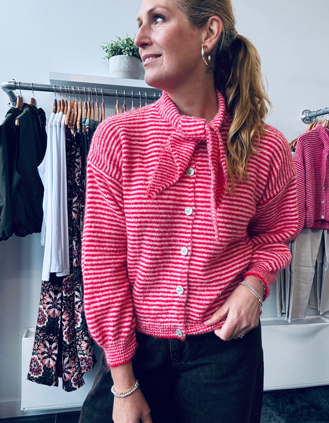 Pink &amp; Red Striped Knit with Scarf Collar (one size)