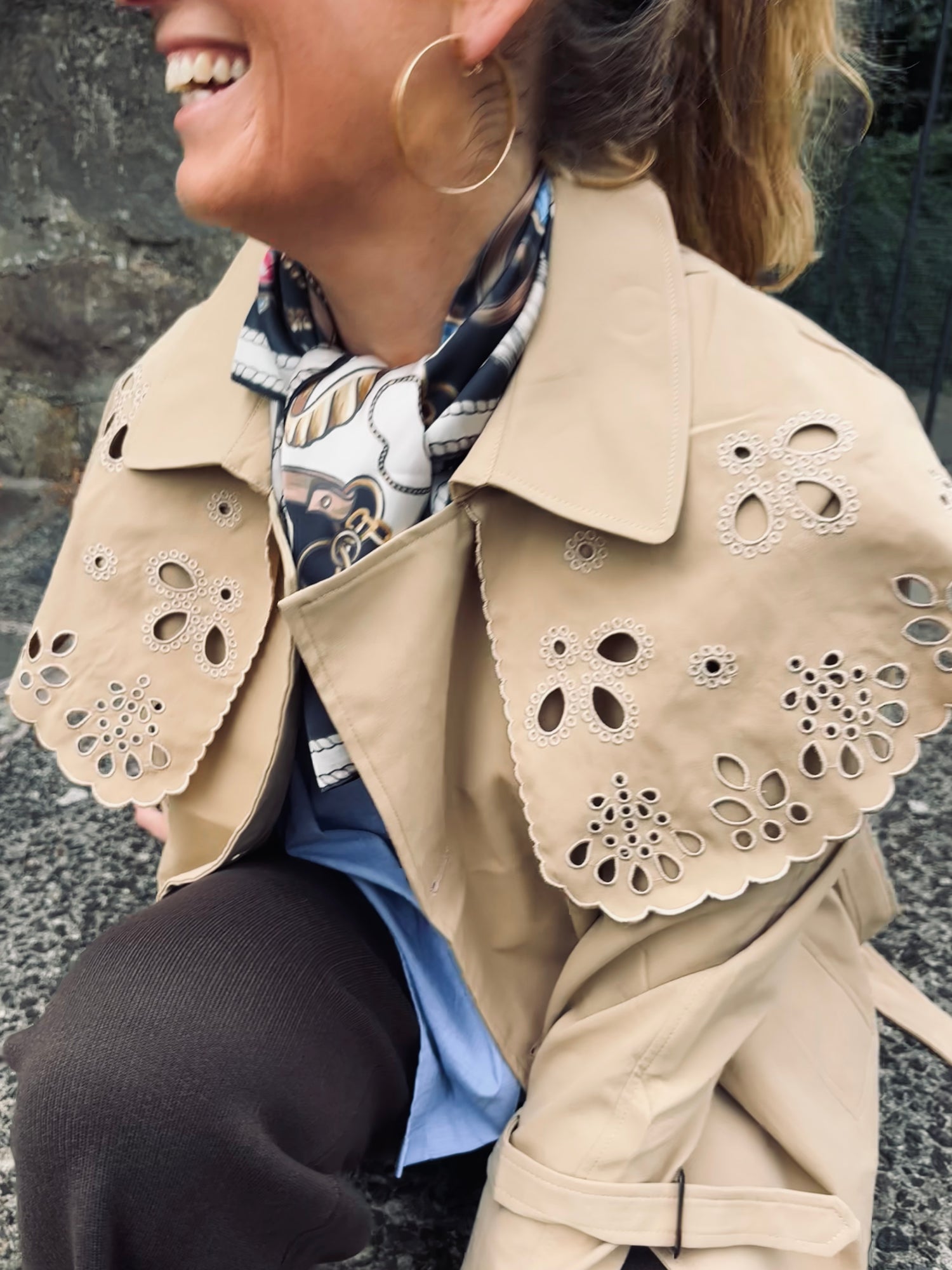 Ivy Short Trench Style Jacket with Embroidered Detail in Taupe (ONE SIZE)