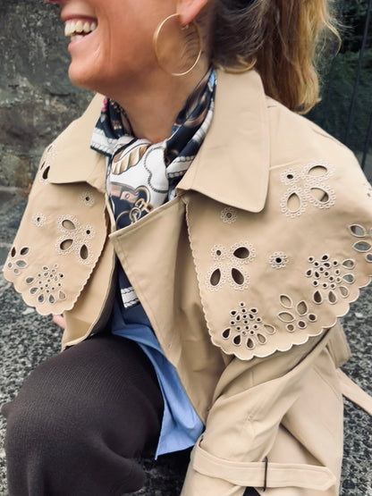 Ivy Short Trench Style Jacket with Embroidered Detail in Taupe (ONE SIZE)