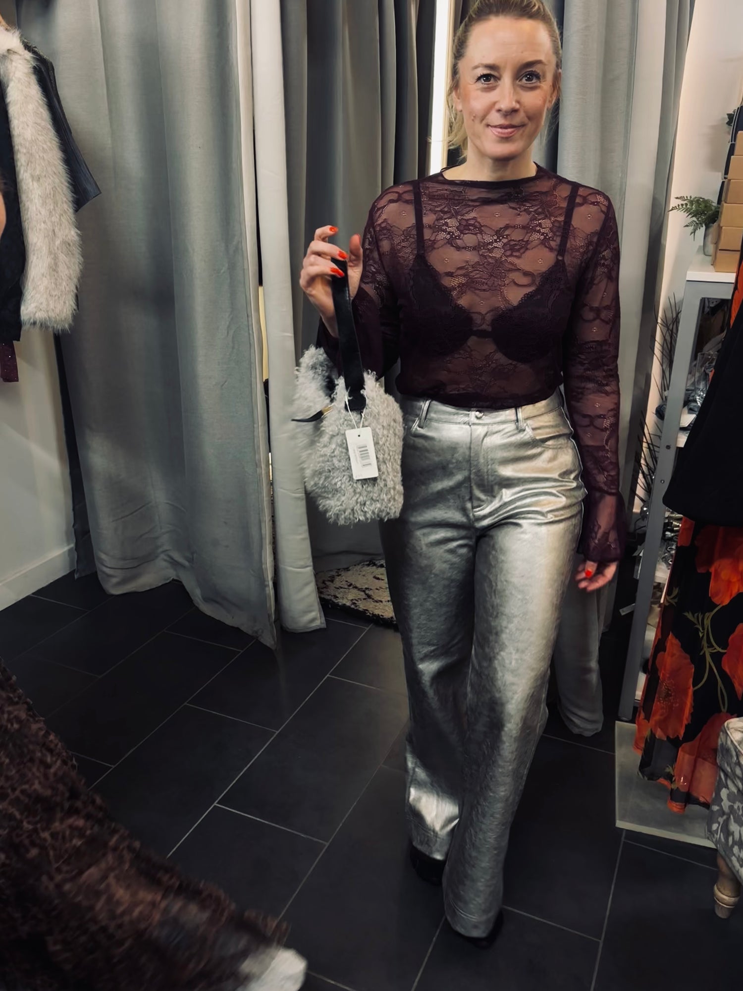 Ana Lace Round Neck Long Sleeved Top in Wine (ONE SIZE)