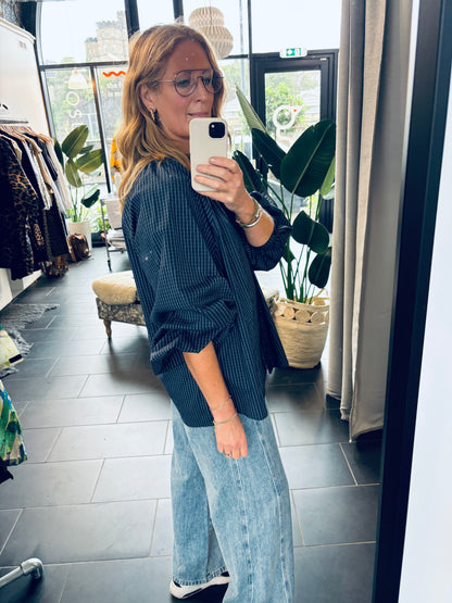 Mona Checked Blouse Navy with Tie Neck (ONE SIZE)