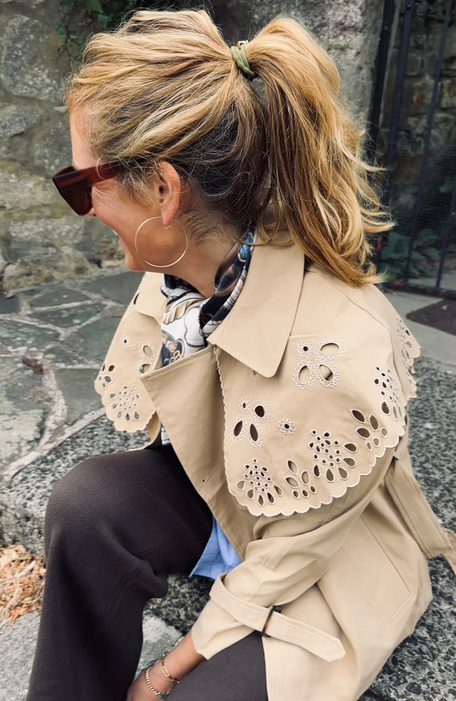 Ivy Short Trench Style Jacket with Embroidered Detail in Taupe (ONE SIZE)