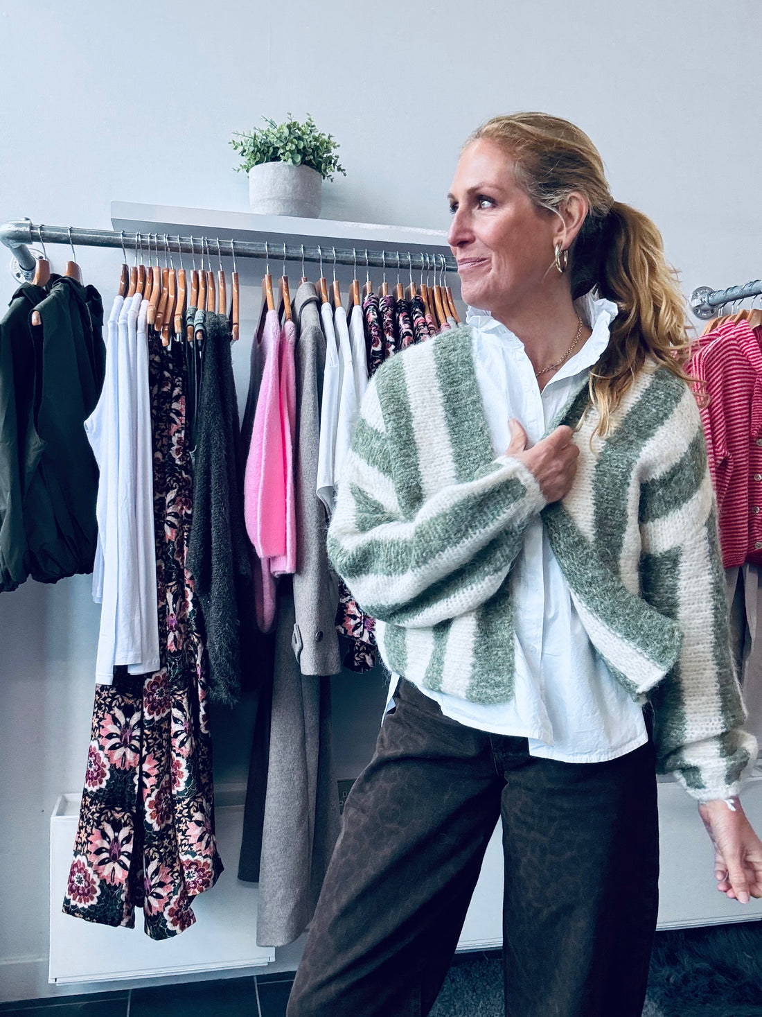 Green and White Pacer Stripe Cardigan (one size).
