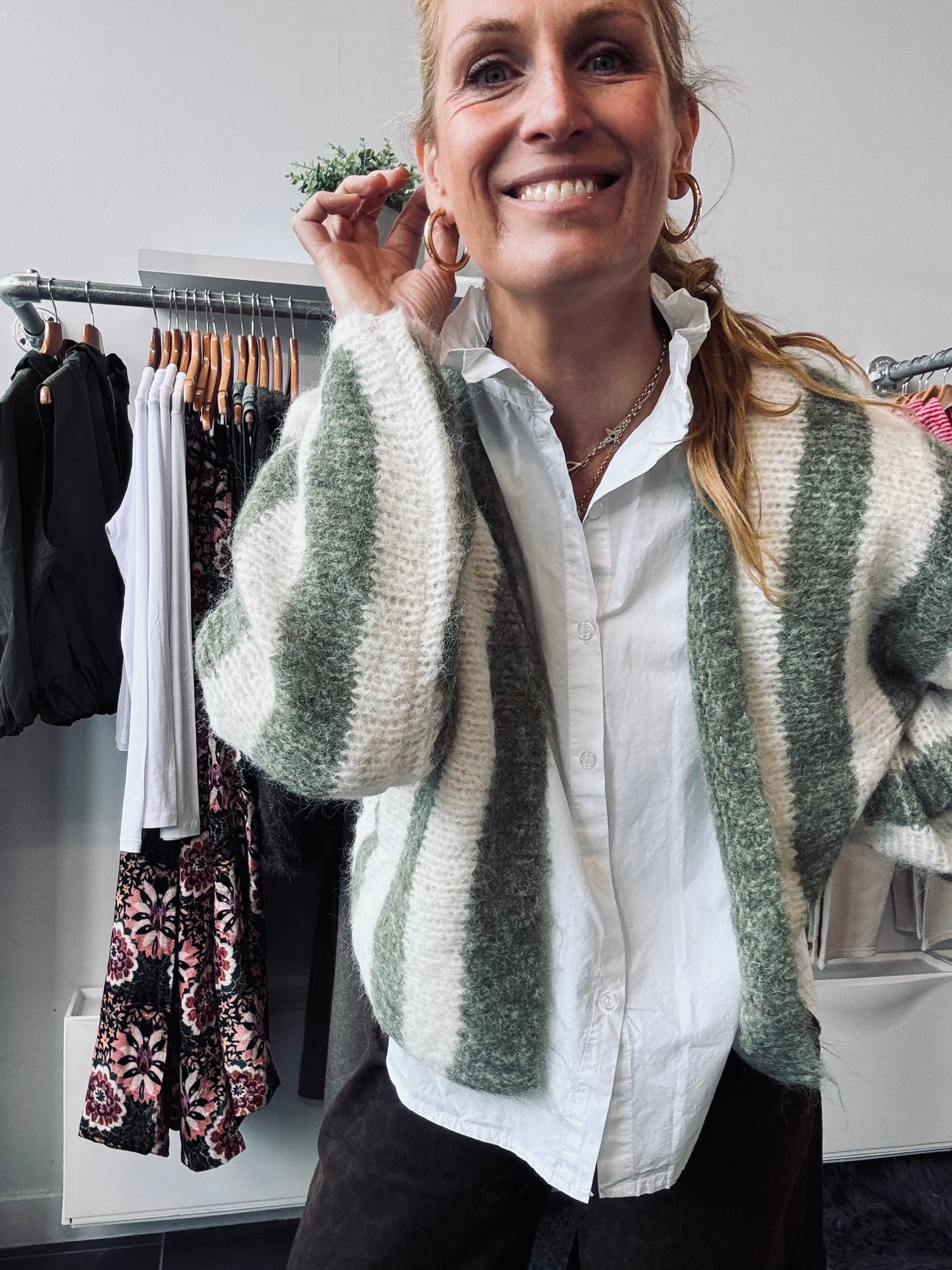 Green and White Pacer Stripe Cardigan (one size).