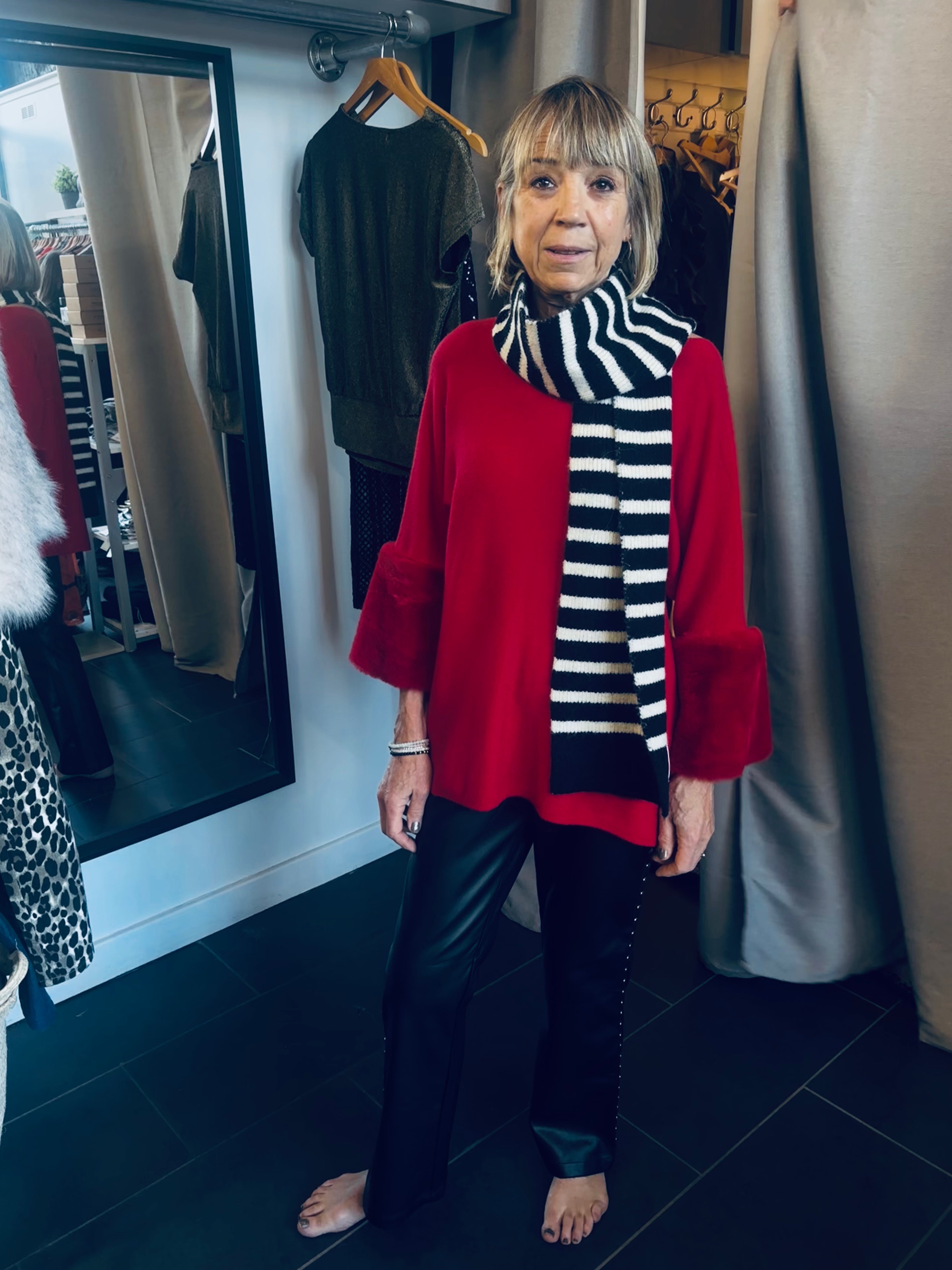 Marie Round Neck Knit with Faux Fur Cuffs in Red (ONE SIZE)