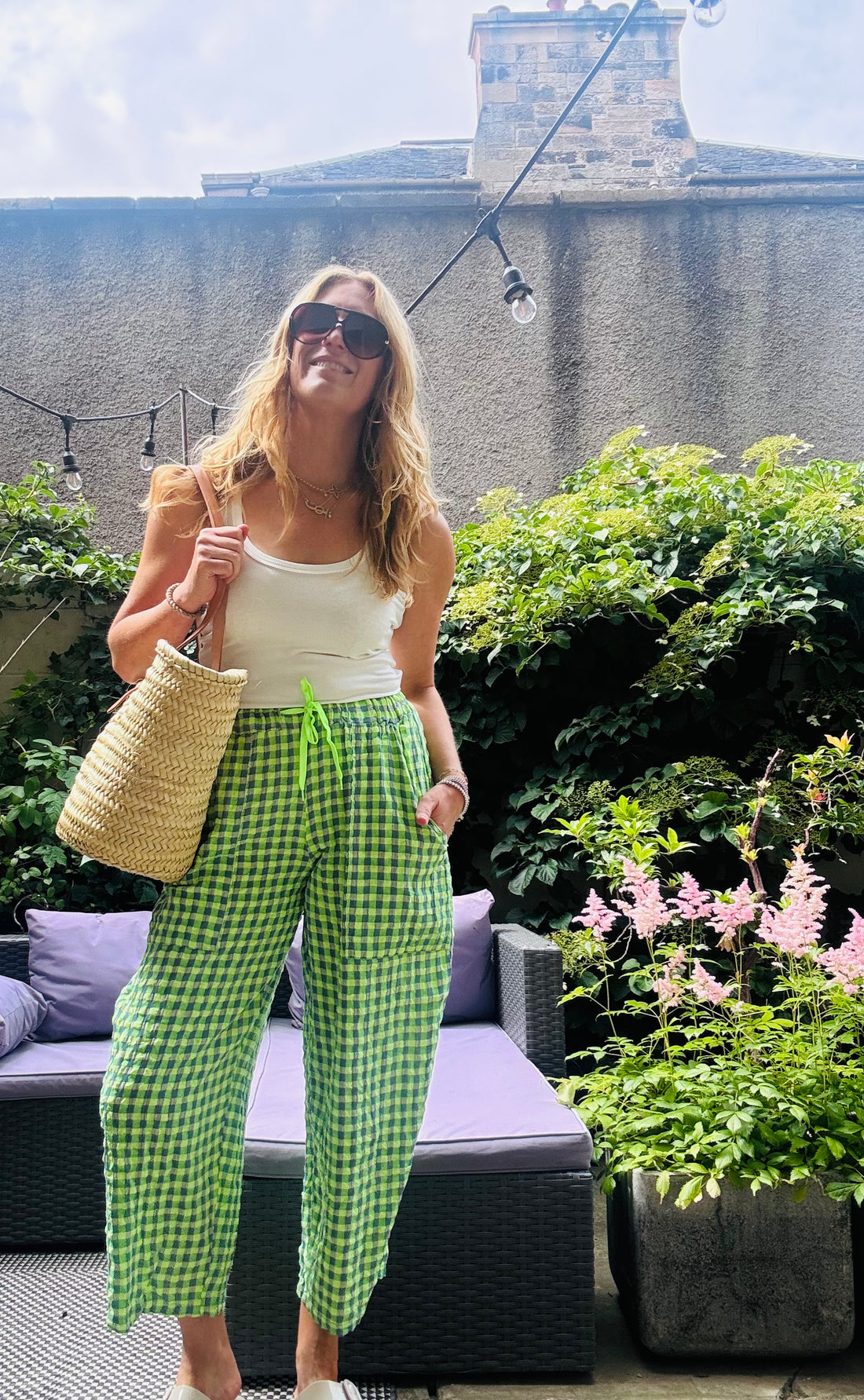 GINGHAM SEERSUCKER BALLOON TROUSERS in Green