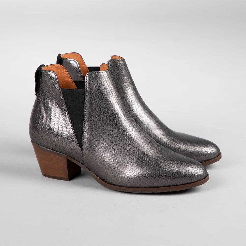 Esska Ginny Leather Smoke Metallic Block Heel Ankle Boot