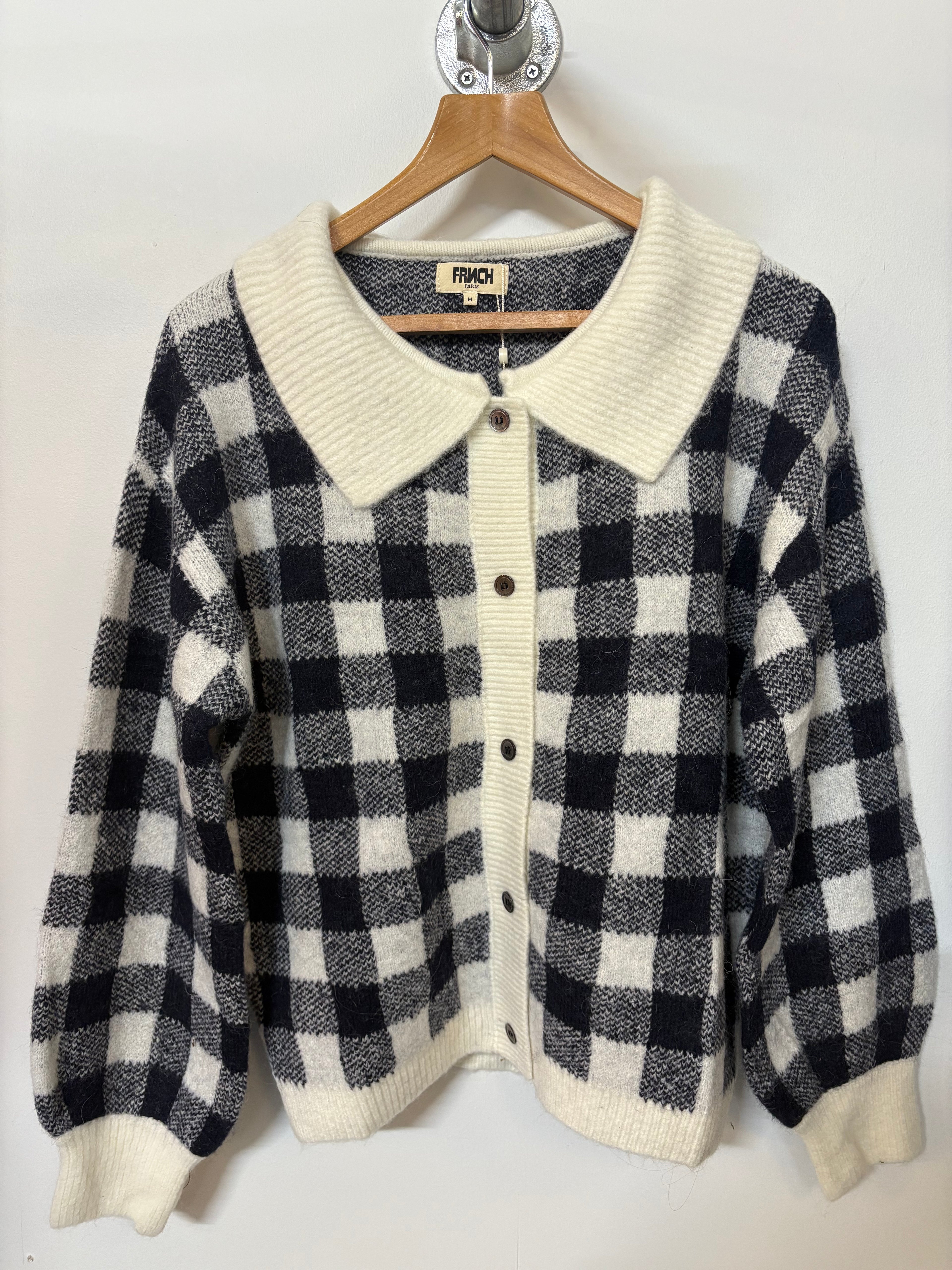 FRNCH Bourgeon Checked Cardigan with Collar in Bleu Marine
