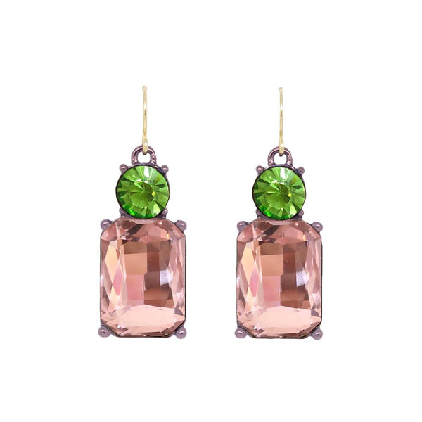 Twin Gem Crystal Drop Earrings in Antique Gold with Pink and Green