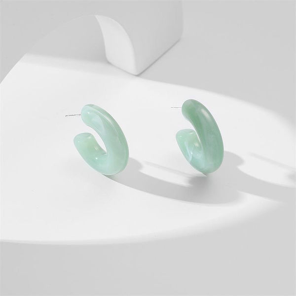 White Leaf Cubic Chunky Resin Hoop Earrings - Green Marble