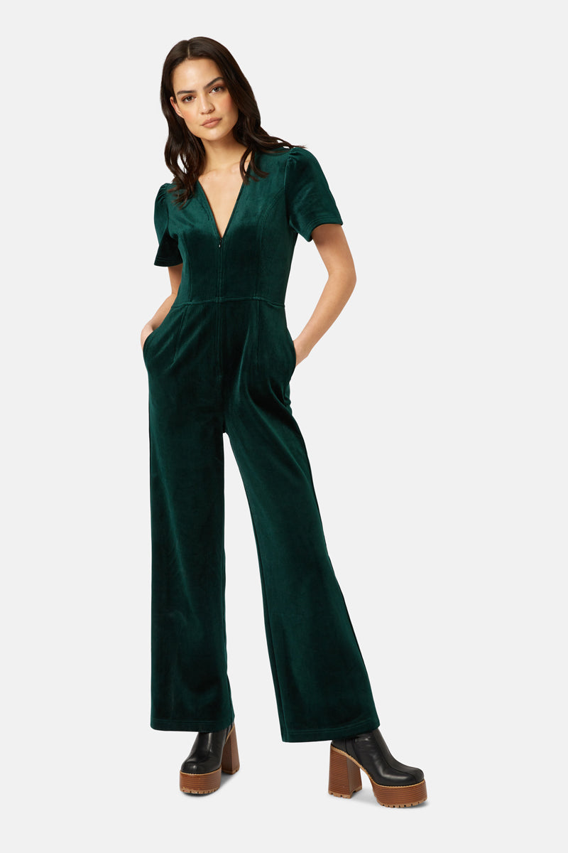 Traffic People Corrie Bratter Jumpsuit Green in Fine Cord with V Neck
