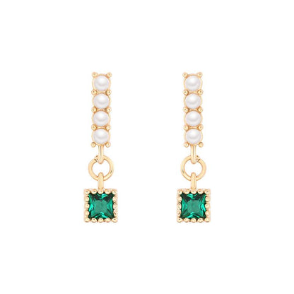 Pearl Bar Earrings with Emerald Gem