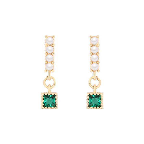 Pearl Bar Earrings with Emerald Gem