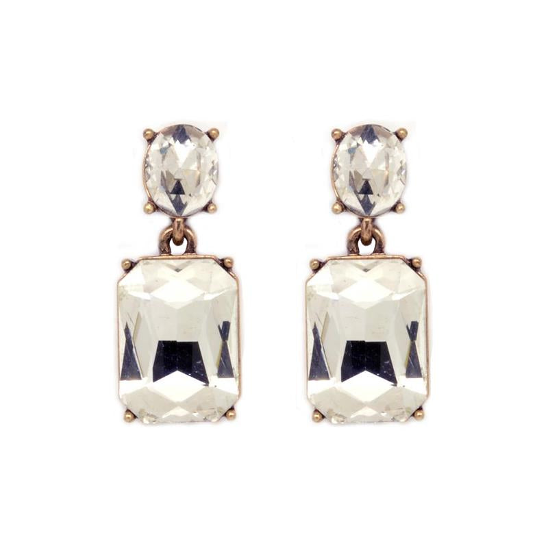 Twin Gem Crystal Earrings in Antique Gold In Clear
