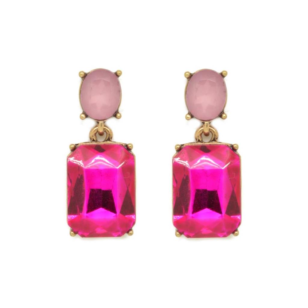 Twin Gem Crystal Drop Earrings in Antique GoldIn Pink