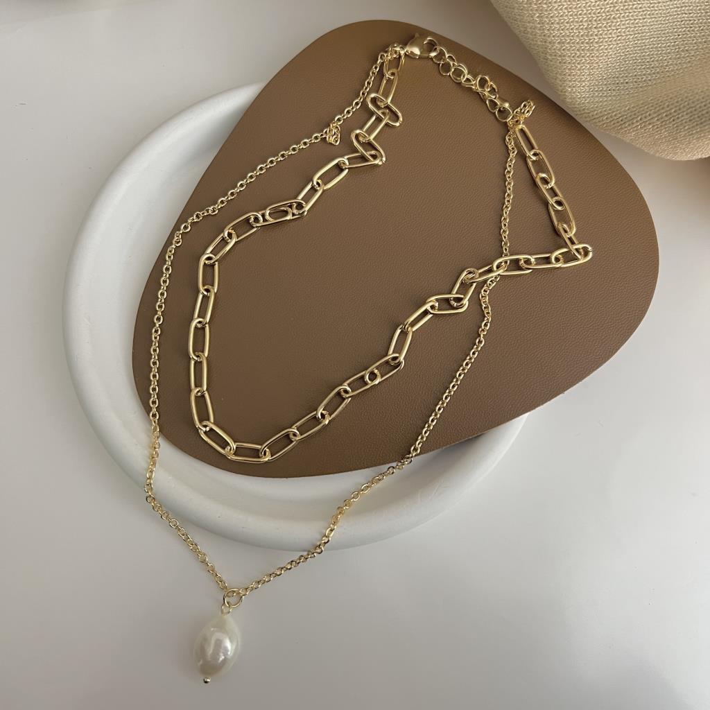 Layered Twin Gold Chain with Pearl Necklace