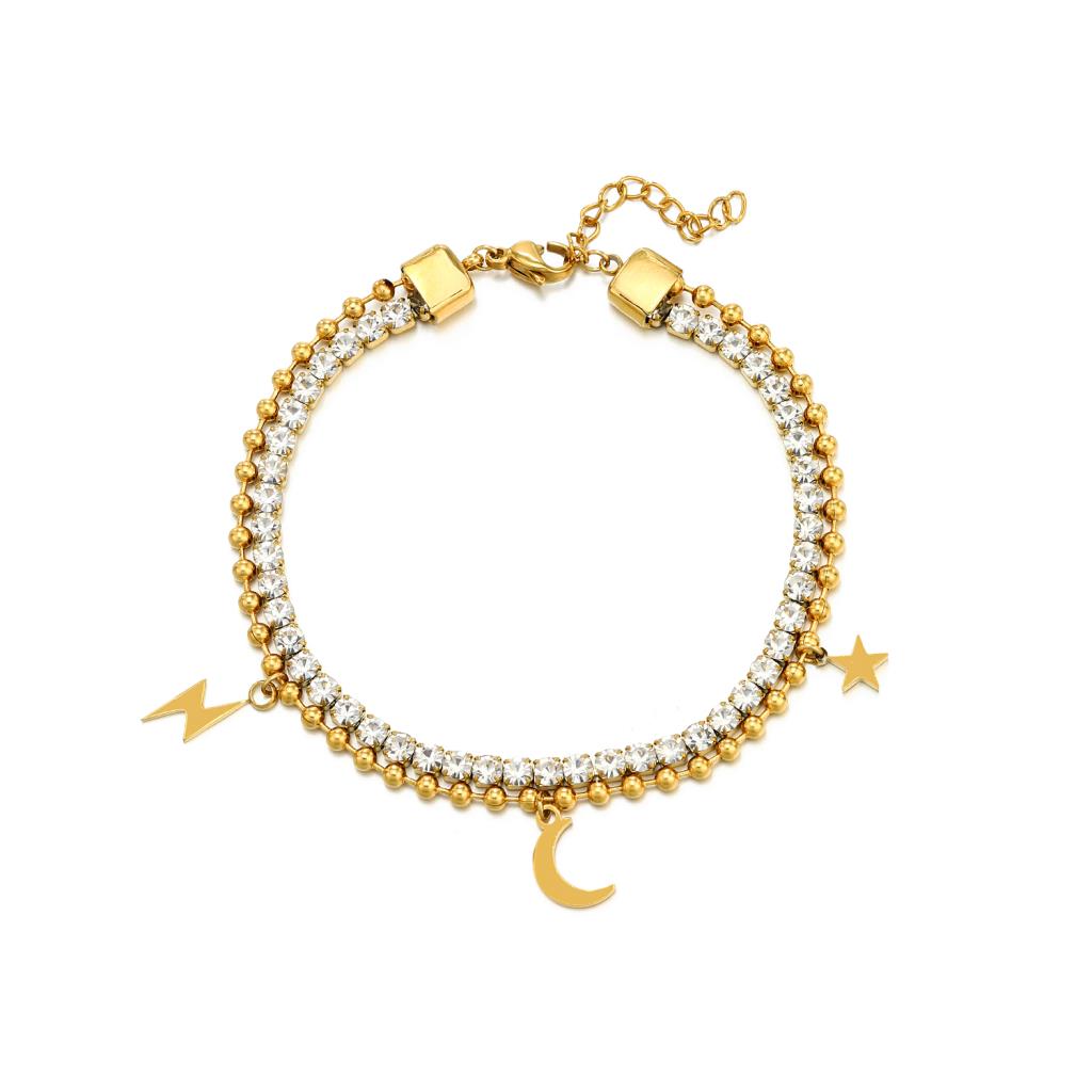 Double Layer Bracelet In Gold And Gem With Charms
