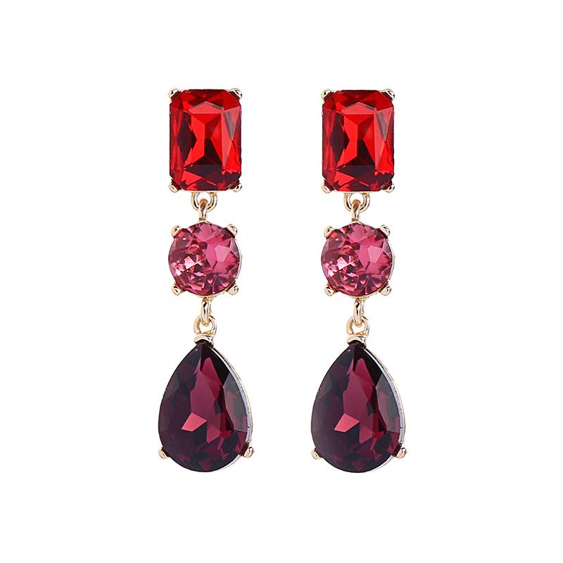 Three Gem Drop Earring In Red Pink And Burgundy
