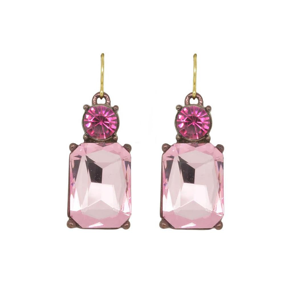 Twin Gem Crystal Drop Earrings in Antique Gold In Pink And Fuchsia