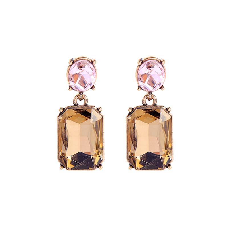 Twin Gem Crystal Stud Earrings in Antique Gold with Pink and Champagne